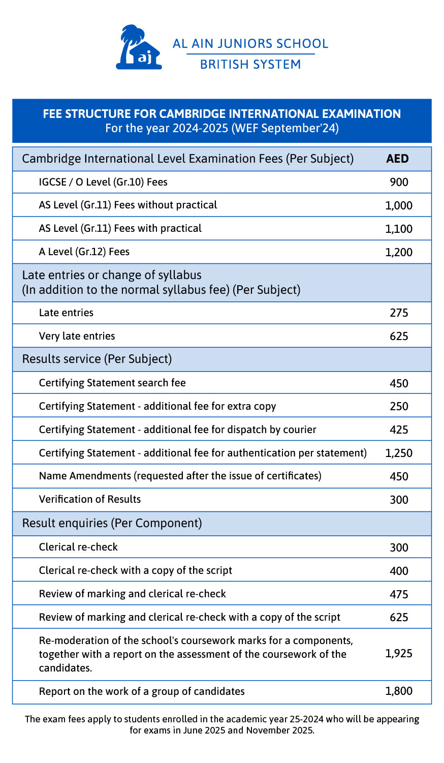 AJB Fee Structure for CIE 2024 25