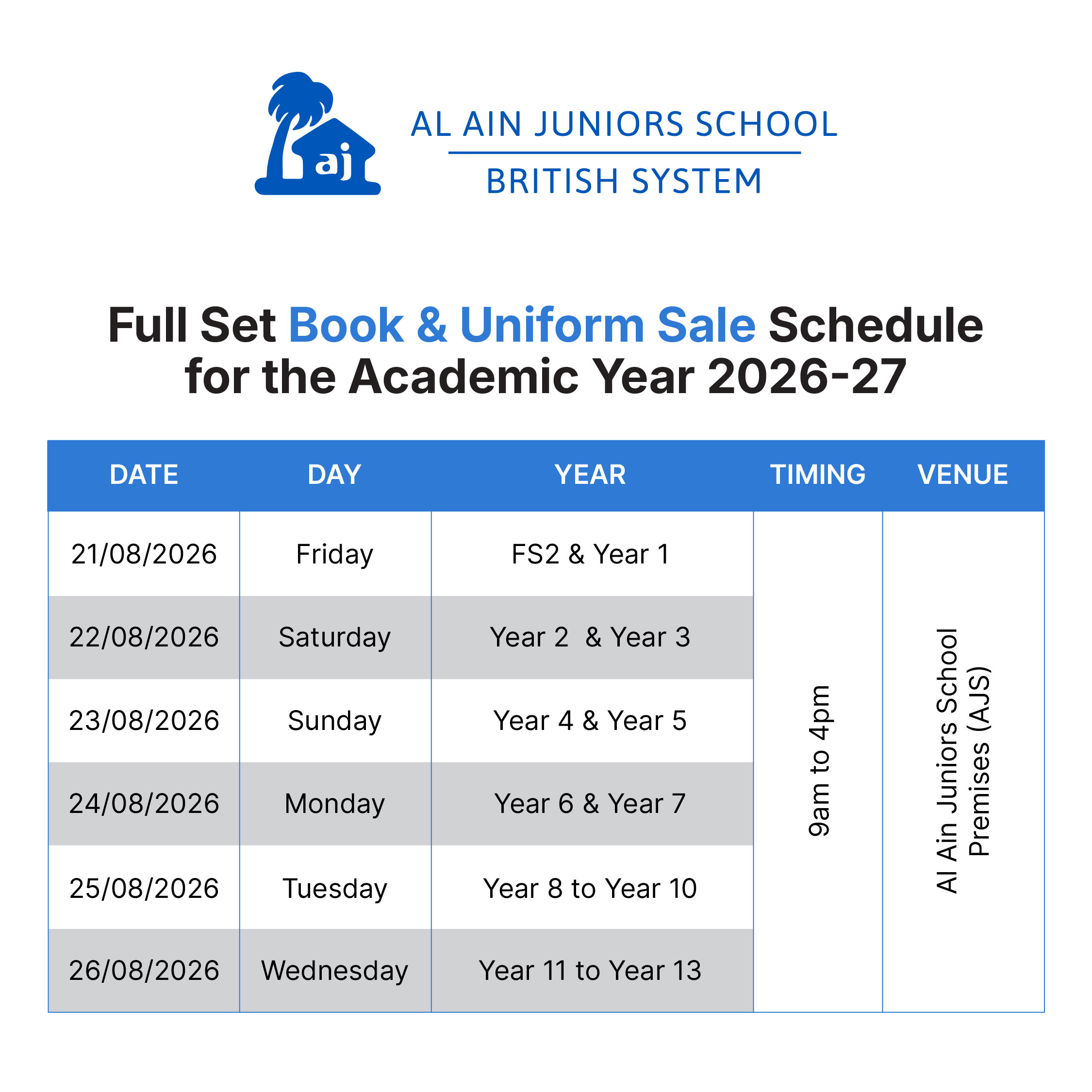 Full Set Books Uniform Sale Schedule August 2026