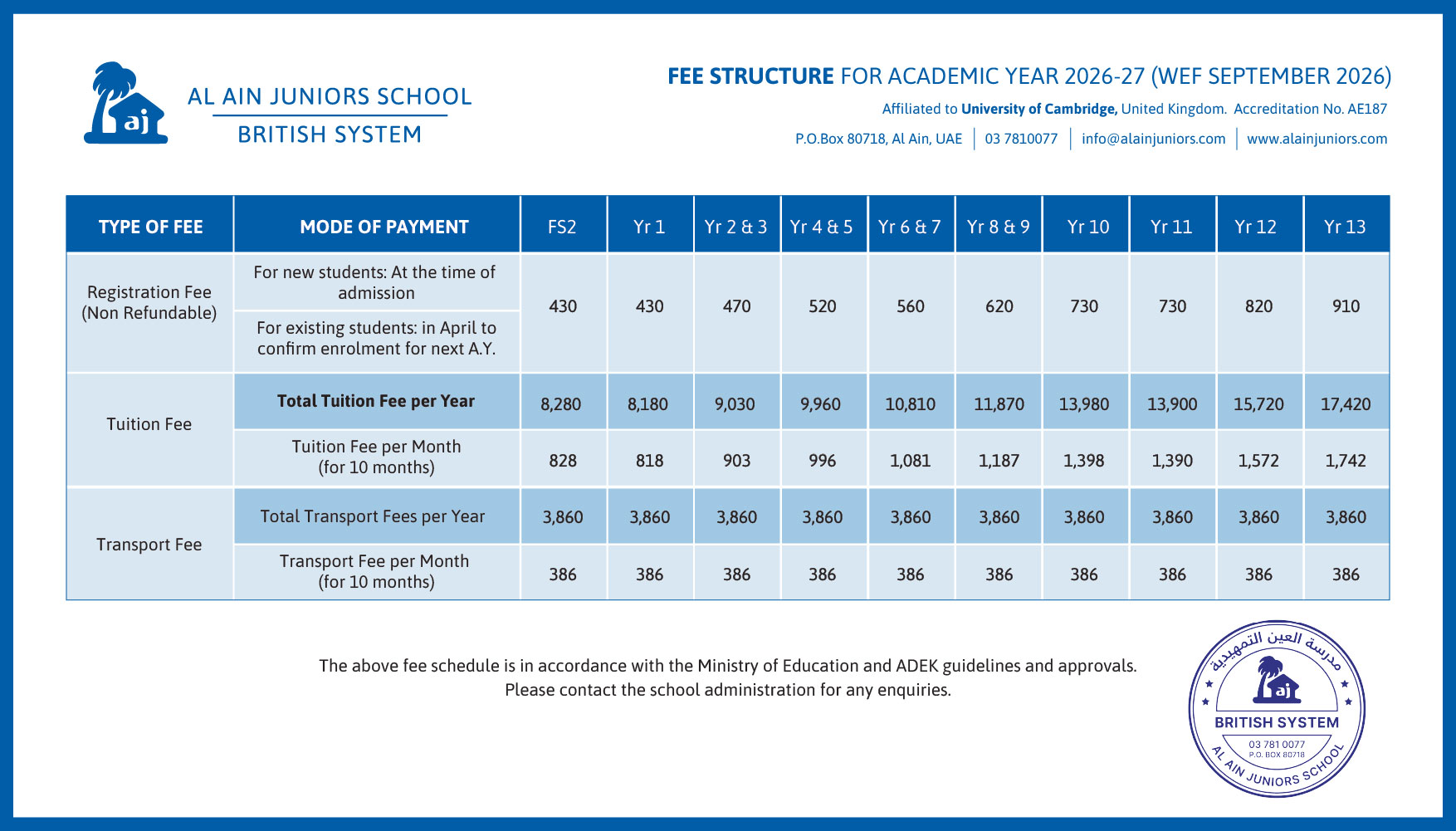 2026 27 AJB Approved Fee Structure